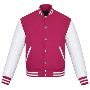 Veste de style universitaire pour homme, magenta et blanc, manches en cuir, doublure matelassée, bordure côtelée rayée, streetwear urbain tendance - Product Image 1