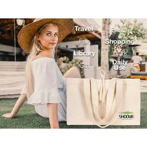 กระเป๋าผ้าแคนวาสขนาดใหญ่ 18W X 14H X 4L หูหิ้วยาว ทนทาน เป็นมิตรกับสิ่งแวดล้อม ขนาดกลาง สำหรับใส่อาหาร โฆษณา ใช้ในชีวิตประจำวัน ของขวัญ พิมพ์ลายตัวอักษร - Product Image 5