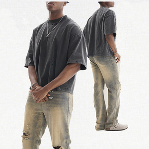 T-shirt court de couleur unie rétro adolescent poids lourd col épais en détresse hommes lavage à l'acide surdimensionné logo personnalisé découpé - Product Image 2