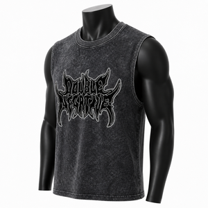 Camiseta sin mangas personalizada al por mayor para hombre, negra, con estampado gráfico, estilo acid wash, de algodón, para streetwear, tipo muscle vest. - Product Image 3