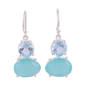 Handmade 925 Sterling <b>Silver</b> Drop Design Dangle <b>Earrings</b> With Blue Topaz Blue Chalcedony Gemstones Fashion Wholesale Price - Product Image 1