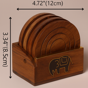 Handcrafted Classic Style <b>Elephant</b> Inlay Round Coaster Set Elegant Mango Wood and Brass Drink Mats <b>Decor</b> - Product Image 1
