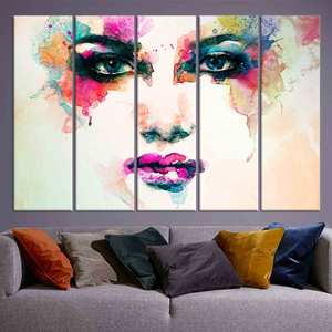 ของตกแต่งผนังสมัยใหม่: งานศิลปะบนผ้าใบพิมพ์ลายใบหน้าผู้หญิงหลากสีสัน ชุดผ้าใบ 5 ชิ้น - Product Image 1