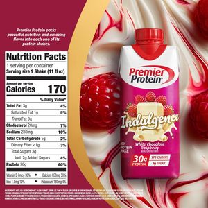 Shake protéiné Premier INDULGENCE, chocolat blanc framboise, 30g de protéines, 170 calories, 3g de sucre, 11 fl oz, lot de 12 - Product Image 6