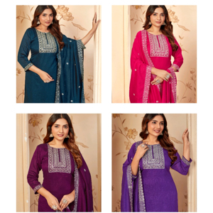 Conjunto Kurtis de 3 piezas de diseñador de seda Vichitra pura con bordado elegante y trabajo de secuencia Ropa étnica elegante para mujer - Product Image 1