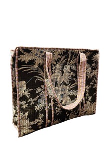 100% Cotton Brown Floral Handblock Printed Cotton Quilted Shoulder <b>Tote</b> Bag with Zipper - Product Image 2