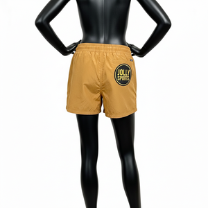 Shorts pour femmes en nylon et élasthanne de qualité supérieure, 210 GSM, couleur sable moutarde, doux, séchage rapide, logo brodé personnalisé - Product Image 2