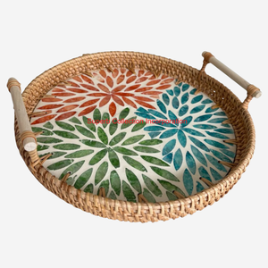 Plateau de service rond élégant en rotin avec incrustation de mosaïque en nacre bleue Plateau décoratif en canne tissée naturelle pour la maison et la cuisine - Product Image 4