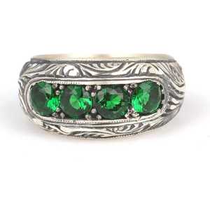 925 Sterling <b>Silver</b> Four-Row Men's Cluster <b>Ring</b> <b>Emerald</b> Green Natural Stone Geometric Pattern Everyday Wear - Product Image 4