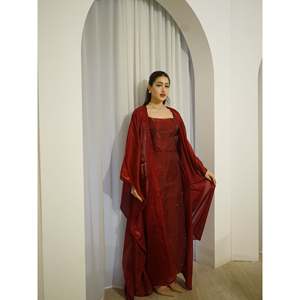 Ensemble de robe longue scintillante marron et cape en organza de luxe en 2 pièces |   Robe de soirée élégante et modeste, kaftan pour mariage et occasions festives - Product Image 1