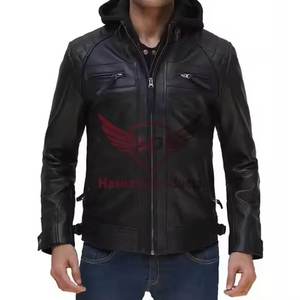 Veste en cuir à capuche de qualité supérieure veste de mode personnalisée pour hommes vestes en cuir véritable d'hiver longues pour hommes avec sweats à capuche - Product Image 1
