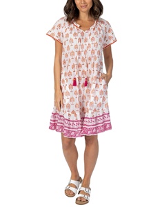 Bohemian Floral Print Mid-Calf <b>Dress</b> Cap Sleeve V-neck A-Line 100% Cotton Eco-Friendly <b>Loose</b> Fit Summer Casual Women's <b>Dress</b> - Product Image 1
