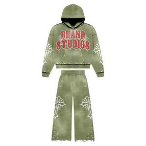 Diseño de logotipo personalizado Impreso Último Diseño de Moda de gran tamaño Peso pesado Sun Faded Sudadera con capucha y pantalón Chándal - Product Image 2