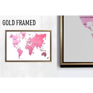 Toile imprimée avec carte du monde rose moderne, art mural en verre, décoration de bureau élégante, 1P Goldframedcanvas - Product Image 1