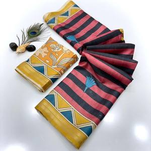 Sari de Seda Suave VASTRA COTTAGE con Estampados a Rayas, Borde Tejido con Zari, Estampados Kalamkari en el Pallu y Blusa en Contraste - Product Image 6