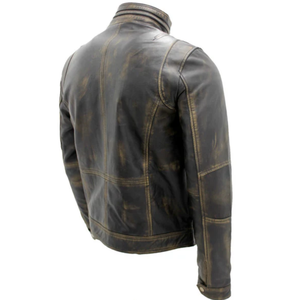 Chaqueta de cuero de motorista de estilo clásico para hombre personalizada al por mayor, chaqueta de cuero de vaca de invierno con cuello levantado, marcas rústicas naturales, negro desgastado - Product Image 6
