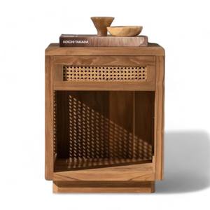Table de chevet en rotin et bois de teck brut à grain naturel, étagère à tiroirs, table de chevet flottante de qualité de luxe pour appartement hospitalier à domicile - Product Image 4