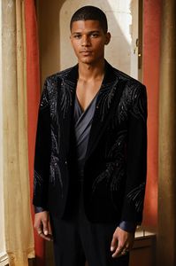 สูททางการสำหรับงานแต่งงานแนววินเทจของผู้ชายสูททรงสลิมฟิตปักสีทอง - Product Image 2