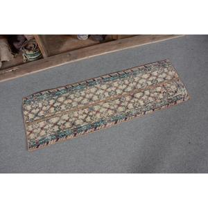 Alfombra Pequeña Vintage de 1.2x3.7 pies, Alfombra Turca Marroquí de Lana Azul Marrón - Product Image 5