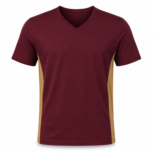Camiseta al por mayor color borgoña con cuello en V y paneles laterales color canela, ropa casual de algodón personalizada de manga corta para hombre - Product Image 1