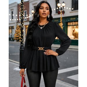 Blusa de Manga Larga con Cuello Redondo y Detalle de Cinturón para Mujer, Diseño de Crepé Brillante, 38122 - Negro - Product Image 1