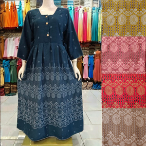 เดรสผ้าเรยอนโอเวอร์ไซส์วินเทจสำหรับมุสลิมทรงหลวมปกคอเหลี่ยมลำลองมีกระดุมเอวยางยืดทรงเรขาคณิตระบายอากาศได้ดีซักได้ - Product Image 1