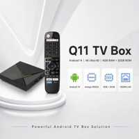 Boîtier de streaming intelligent Q11 Android 14 S905X4 4 Go 32 Go 4K 1000M LAN WIFI BT Widevine L1 1 pièce MOQ Interface utilisateur personnalisée CMS Boîtier de gestion à distance