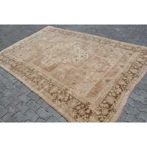Turkish 6.7x10.3 ft Rug, Large Vintage Rug, <b>Brown</b> Gray Abstract <b>Wool</b> Rug - Product Image 2