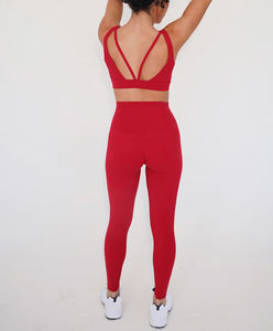 Leggings d'entraînement de gym taille haute personnalisés pour femmes ensemble de soutien-gorge de sport motif solide Fitness vêtements de sport avant Yoga tenue 2 pièces - Product Image 3