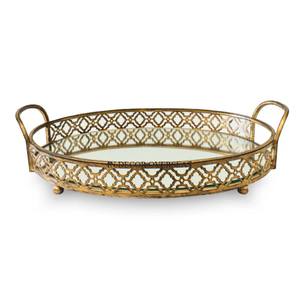 Elegant Look High Grade Gold Plated Unique Designer Metal Made Round Shape <b>Mirror</b> Serving <b>Tray</b> From India In Impressive Price - Product Image 1