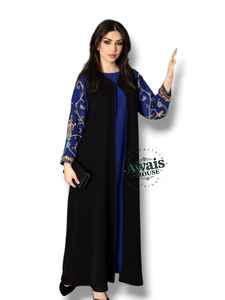 Kaftan islamique modeste noir, coupe trapèze, longueur au sol, manches longues, col en V, orné de cristaux, design simple, uni, 100% polyester pour femmes - Product Image 3