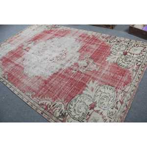 Turkish Vintage Rug, 6.2x10.1 ft Large Rug, <b>Red</b> White Solid <b>Wool</b> Rug - Product Image 4
