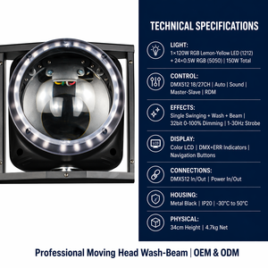 Cabeza Móvil RGBL <span class=keywords><strong>Tornado</strong></span> Kaleidoscopio de 150W, DMX512 RDM, 24 Anillos LED RGB, Efecto de Haz Giratorio, Atenuación de 32 bits para DJ, Fiestas, Escenarios y Clubs - Product Image 3