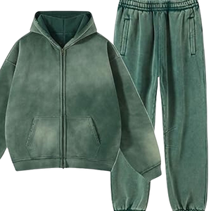 Conjunto Deportivo de Sudadera con Capucha y Cremallera Verde Oscuro Lavado al Ácido para Hombre, Chaqueta de Forro Polar Vintage, Pantalones Jogger, Estilo Urbano Holgado, Atuendo de Invierno - Product Image 6