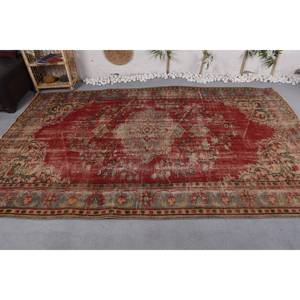 Alfombra Turca Vintage de 6x9, 6 Pies, Rojo, Beige, Gran Área, Diseño de Retazos de Lana, Respaldo de Látex para Pasillo, Dormitorio, Forma Rectangular - Product Image 3