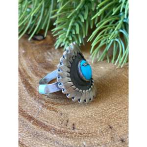 Phillip Tsosie Kingman <b>Boho</b> Style Statement <b>Ring</b> Bezel Set Turquoise Sterling <b>Silver</b> Marquise Cut Size 9.25 for Everyday Wear - Product Image 3
