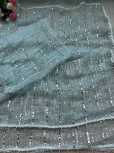 Sari indien haut de gamme exclusif en tissu filet doux avec perles et dentelle fantaisie, élégant, ethnique, pour mariages, fêtes et occasions festives, séchage rapide - Product Image 2