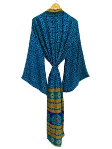 Salon porter été Kimono cheville longueur soie Robe Multi couleur Robe vêtements de nuit Robe indien Vintage soie recyclée Sari Kimono, - Product Image 4