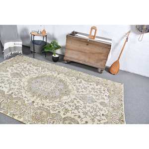 Tapis turc vintage vert beige classique 5.4x8.9 pieds laine patchwork grande surface avec support en latex pour couloir ou chambre à coucher - Product Image 5