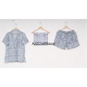 Ensemble de pyjama décontracté à col en V 100% coton pur imprimé numérique à motifs floraux pour femmes à manches courtes respirant doux avec fermeture à cordon - Product Image 3
