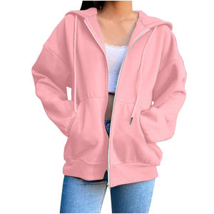Sudadera Lisa personalizada con cremallera para mujer, Sudadera de felpa francesa de gran tamaño con bolsillo con cordón y cremallera - Product Image 2