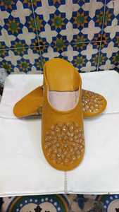 Wholesale Mustard Yellow Sequin Moroccan Leather Babouche Slippers Gold Beaded Mules Round Toe House <b>Shoes</b> multiple colors - Product Image 2