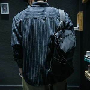 Chemise à manches longues à rayures en denim du printemps pour hommes Veste ample décontractée Veste style moto - Product Image 3