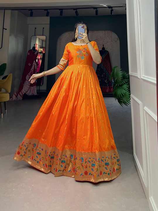 Unique Festive Anarkali Gown Crafted in Luxurious Silk with Rich Golden Motif Designs Accessible at Reasonable Price