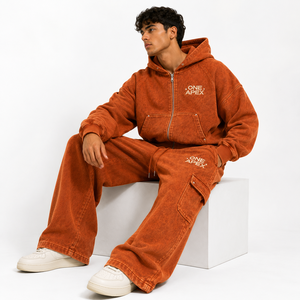 Custom Acid Wash Full Zipper Hoodie & Open Bottom <b>Sweatpants</b> <b>Set</b> 400 GSM Oversized Men’s Tracksuit - Product Image 2