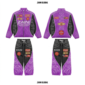 ZAINI Men's 300g Polyester/Nylon <b>Knitted</b> Windbreaker Suit Winter Breathable Hooded Purple Black Contrast Panel Heat-Transfer <b>Set</b> - Product Image 1