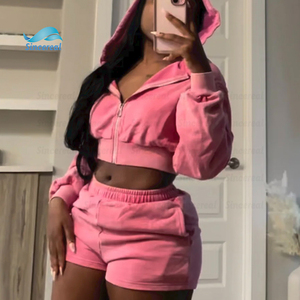 Oversized Acid Wash Distressed Embroidered Zip up Cropped Tracksuit Two Piece Women Sweatsuit <b>Set</b> - Product Image 2