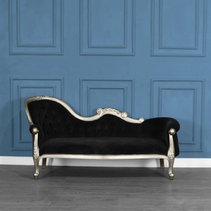 Chaise Longue Tradicional Versailles de un Solo Lado, Hecha de Madera de Caoba, Tela Plateada de Alta Calidad, Terciopelo Negro, para Uso en Interiores del Dormitorio - Product Image 1
