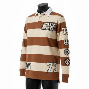 Camiseta de Rugby para Mujer, 260 GSM, Tejido Piqué de Algodón, Paneles con Rayas Marrón Beige, Apliques Bordados, Logotipo Personalizado - Product Image 4