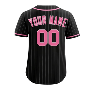 Camiseta de Béisbol Negra con Rayas Finas y Ribete Rosa, Cierre de Botones, Transpirable, de Secado Rápido, Malla de Poliéster, Personalizable con Nombre, Número y Logotipo - Product Image 2